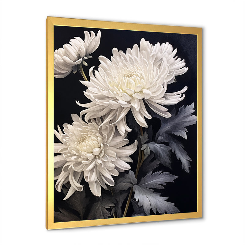 «Mums White» sur 20 nuances de gris foncé I sur toile, H 32 po x l 24 po x P 1 po, Cadre doré simple