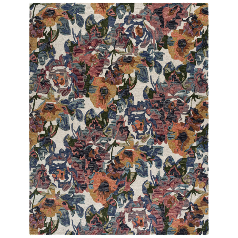 Kape Hand Tufted Wool/Cotton Floral Rug in Blue/Ivory, Rectangle 8' x 10'