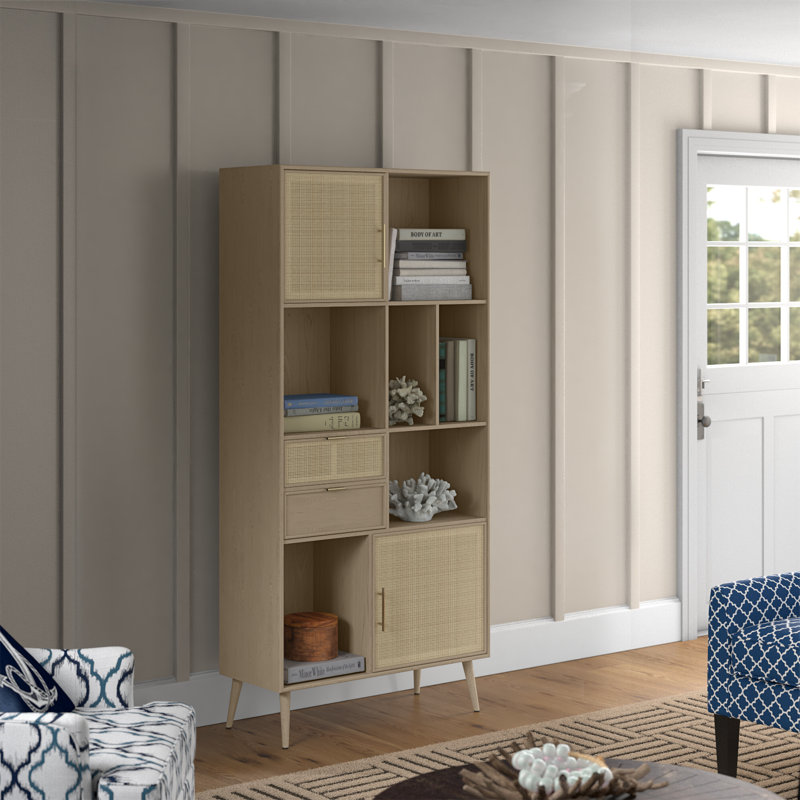 Jolene Dana 75 Inch Bookcase, 6 Unique Shelves, 4 Rattan Drawers, Natural Brown