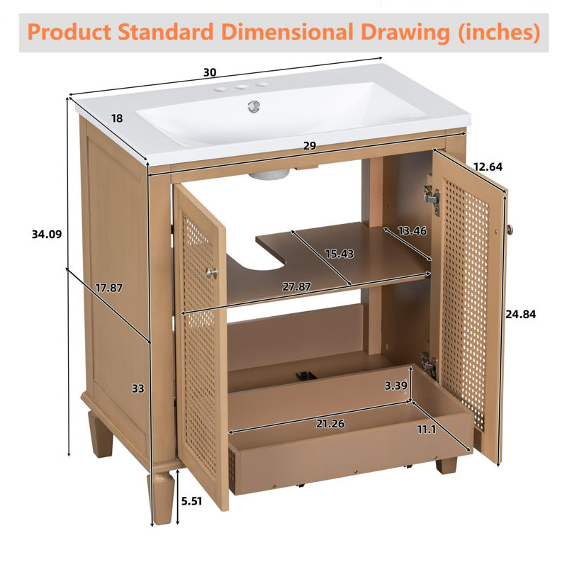 Meuble-lavabo autoportant avec tiroir en résine et armoire de rangement 30 po Caudie