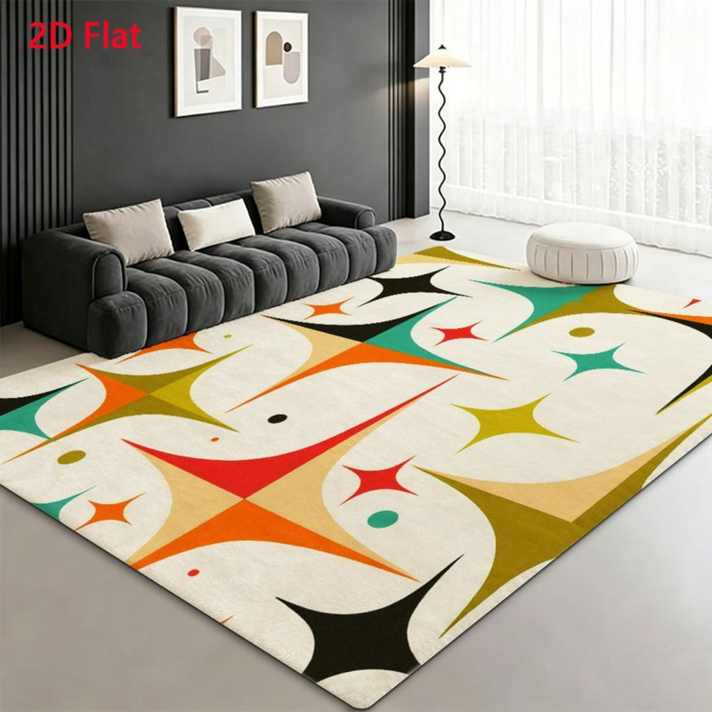 Geometric Starburst Mid Century Modern Pattern Area Rug, Machine Washable Non Slip, Indoor Decor for Living Room Bedroom Entryway Front Door Kitchen Balcony Apartment Cozy Home