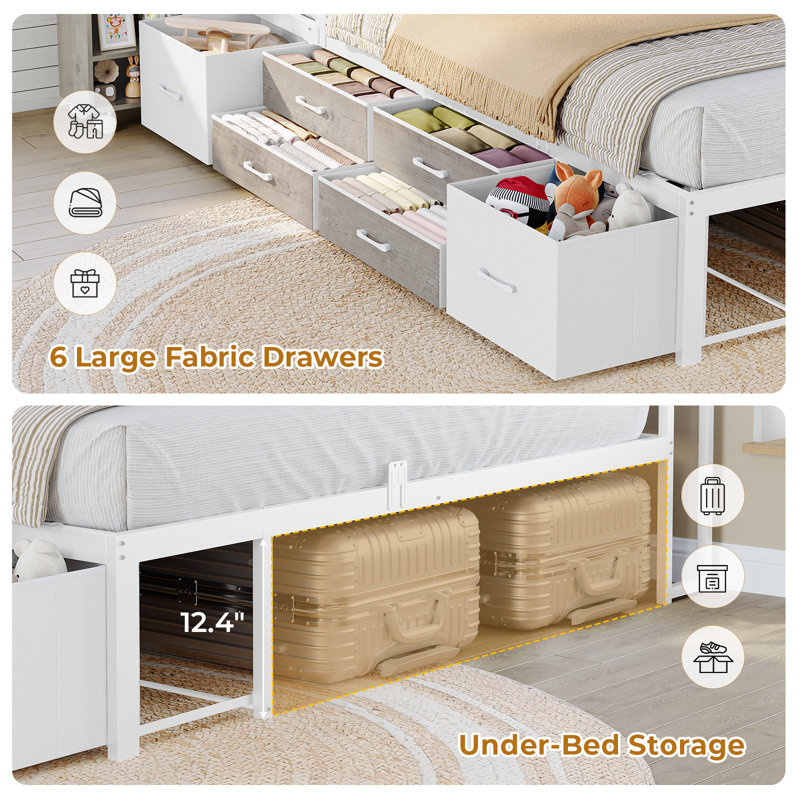 Lit de jour convertible double rembourré avec rangement, bibliothèque coulissante et tête de lit en L, White/Oak Grey