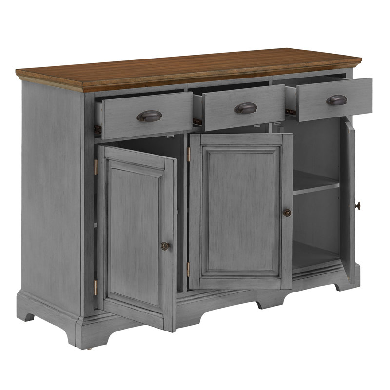 Buffet bas en bois d'hévéa à 3 tiroirs de 52 po de largeur, Gris antique