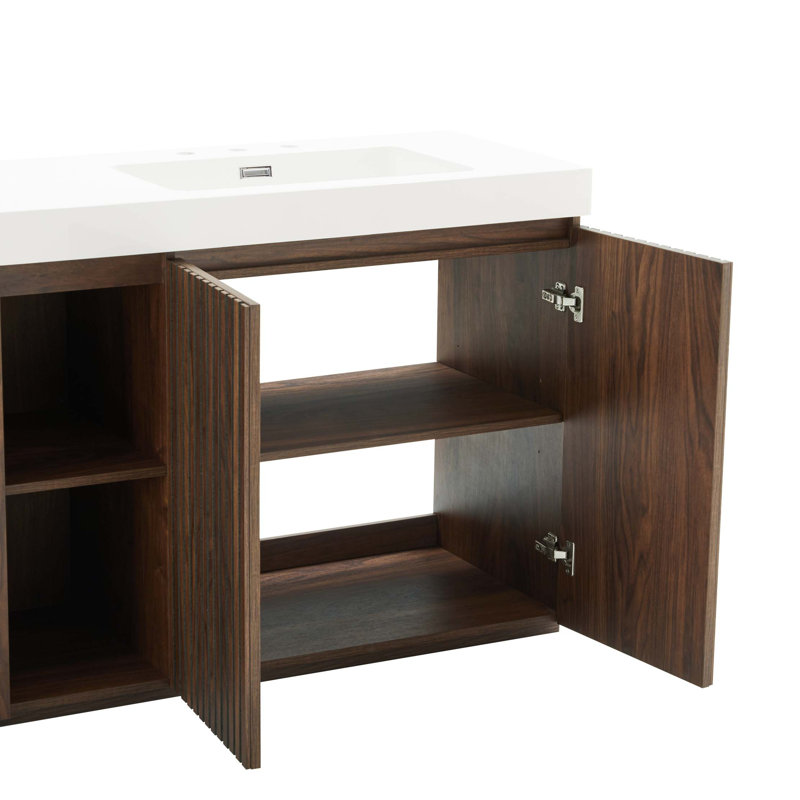 Meuble-lavabo autoportant contemporain avec lavabo à quartz intégré et grand espace de rangement, Walnut Brown