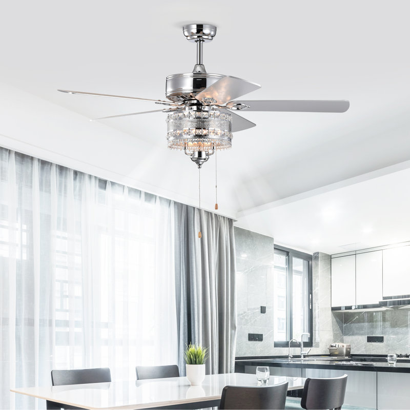 Ventilateur de plafond en cristal avec lumières, pales réversibles et fixation double Brady