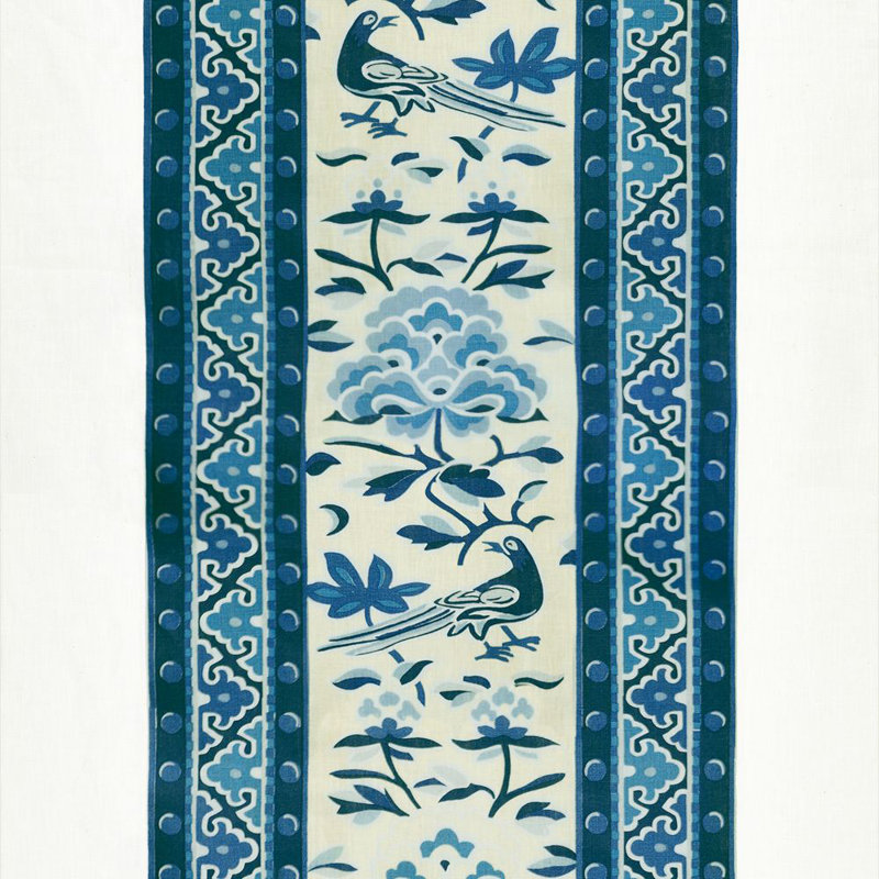 Chinois Chic Royal Peony Linen Print Fabric, Porcelain