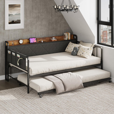 LED Light & Charging Station Twin Daybed Set with Trundle, Upholstered Headboard, Metal Frame Sofa Bed