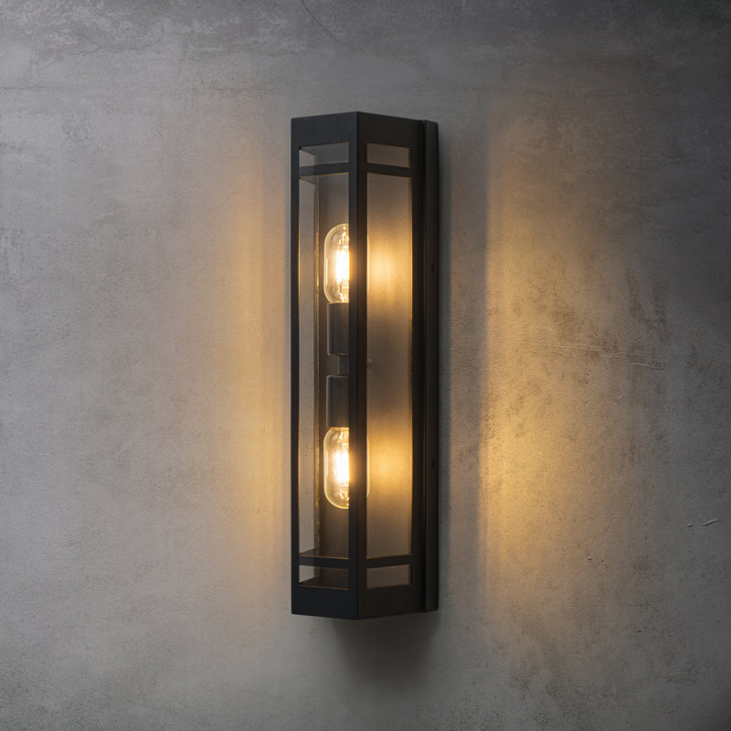 2-light H20" Modern Black Outdoor Wall Light With Dusk-to-dawn Sensor And Clear Tempered Glass Weather-resistant Front Door Garage Exterior Lighting Fixture