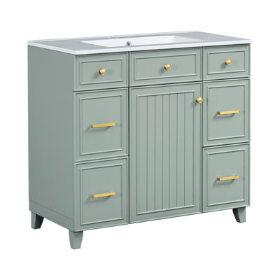 Meuble-lavabo de salle de bain, construction en bois massif, lavabo en céramique, 3 tiroirs, tablettes réglables, rangement silencieux pour portes en bois de 36 po, porte à fermeture en douceur,