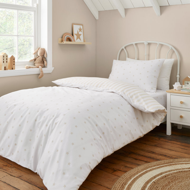 Mini Star & Stripes Reversible Cotton Duvet Cover Set, Natural, Single Duvet Cover + 1 Standard Pillowcase