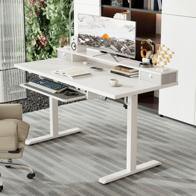 Bureau debout électrique 55 po avec 2 tiroirs et plateau à clavier, bureau à domicile ergonomique ajustable avec crochets pour jouer et travailler, blanc