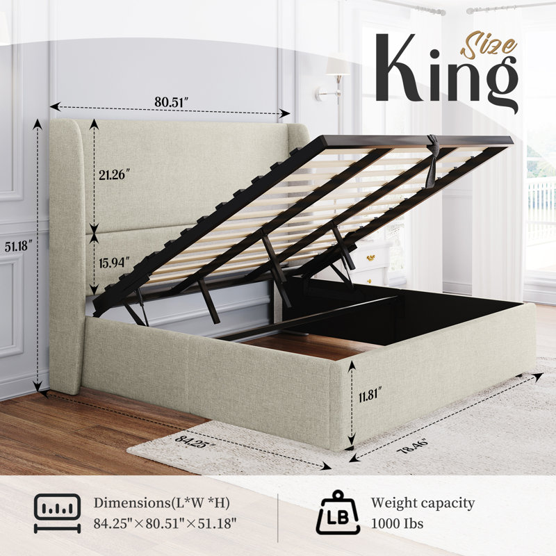 Upholstered Lift-Up Storage Bed with Wingback Headboard, King, Khaki