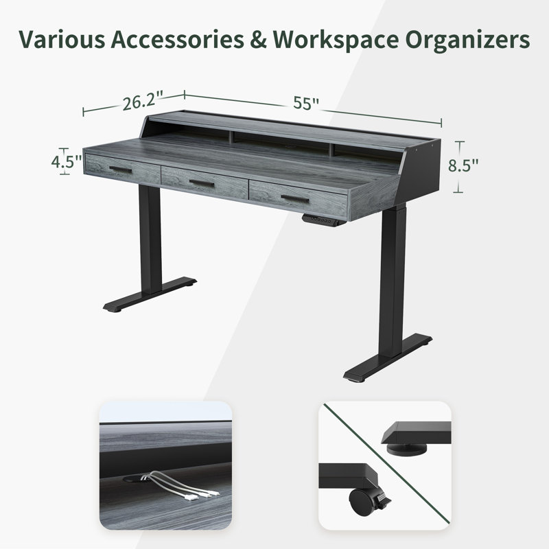Bureau debout à hauteur ajustable électrique, Gris / Noir, L 55 po x P 26 po