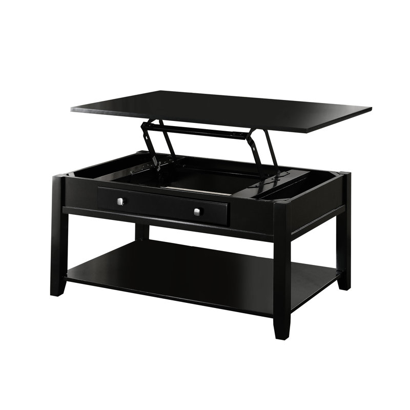 Élégante table basse à plateau relevable noir avec tablier de rangement ouvert en bois