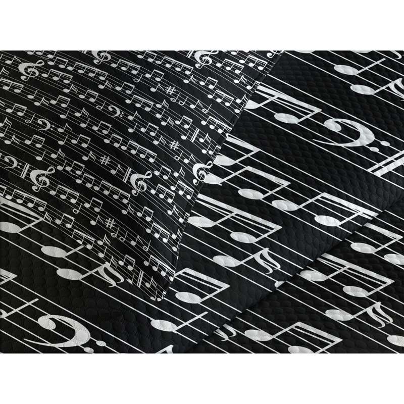 Queen Size Black and White Musical Note Quilted Bedspread Set