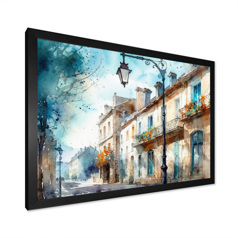 Art mural bleu et beige, petite ville française - ville, Cadre simple noir, H 12 po x l 20 po x P 1 po