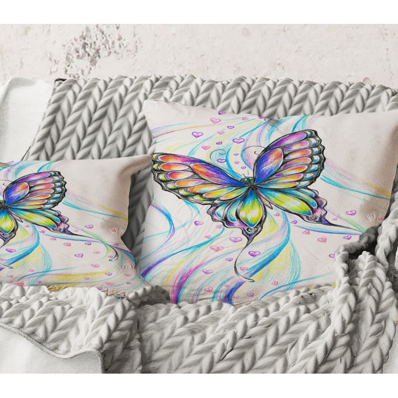 Carré, papillon iridiscent - Coussin décoratif à imprimé traditionnel, 18" x 18"