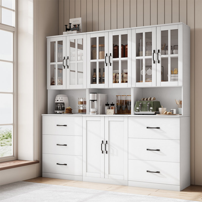 Garde-manger 71 po x l 71 po avec bibliothèques, rehausse de porte en verre avec tiroir et comptoirs spacieux (BAB), Blanc
