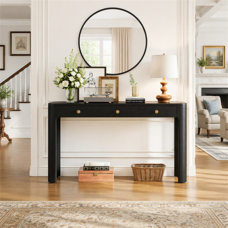 Console rustique avec coins arrondis pour la sécurité, table d'entrée avec 3 tiroirs dissimulés, table de canapé robuste avec des pieds épais pour le couloir et le salon