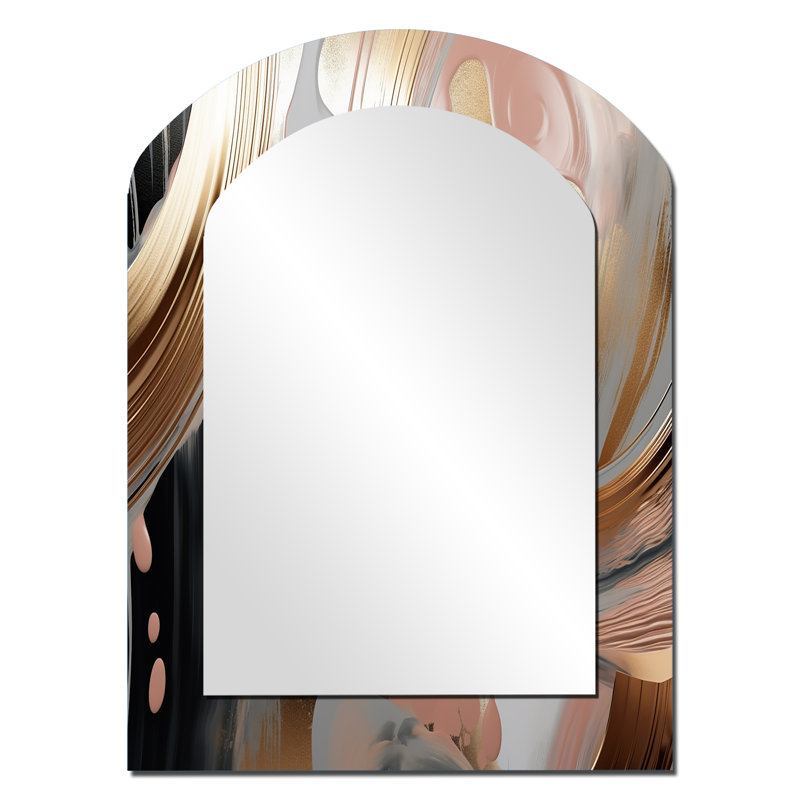 Abstract Golden and pink infinity circles VII - Liquid Ink Asymmetrical Unique Wall Mirror, Modern Arch Mirror, Printed Metal Art