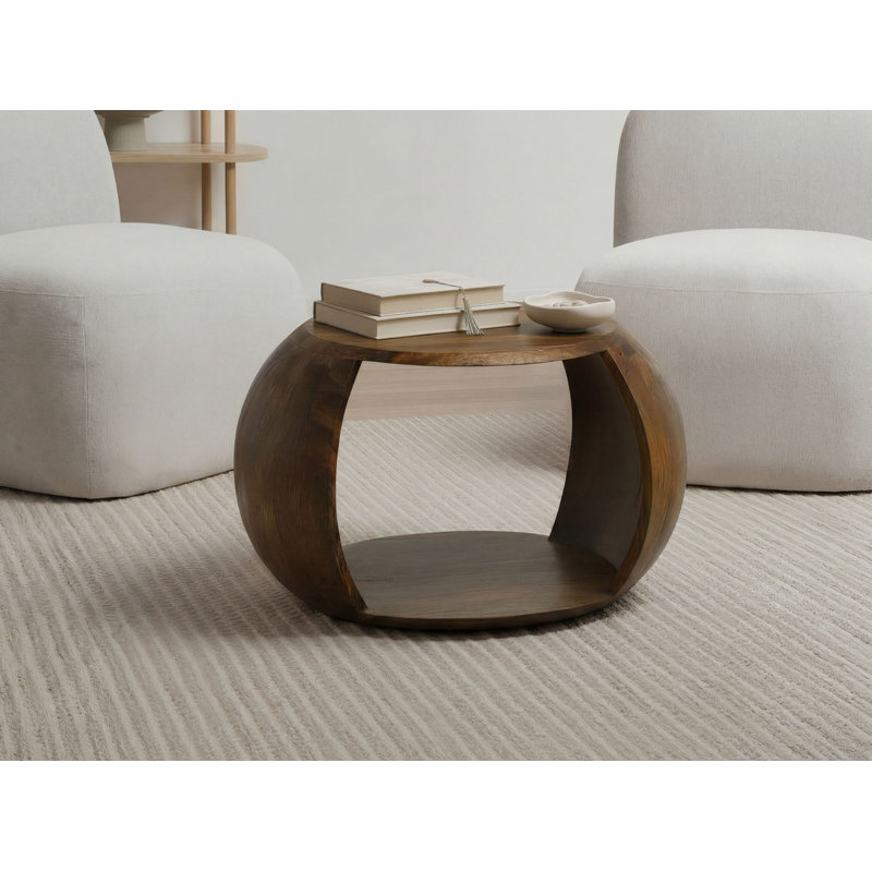 Round Solid Mango Wood Coffee Table with Storage Shelf