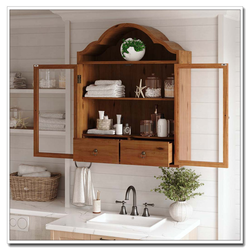 Solid Wood Wall Cabinet with Elegant Wave, Brown