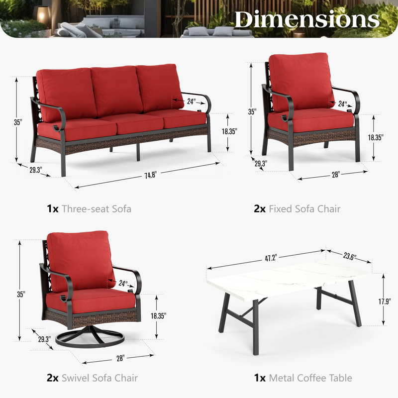 Ensemble de conversation pour 7 personnes avec 2 chaises longues pivotantes, Rouge