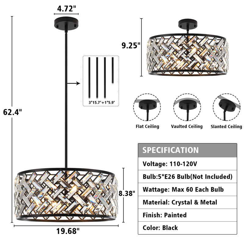 5 - Light Modern Dimmable Black Drum Crystal Chandelier,  Adjustable Height Pendant Light Fixture For Kitchen Island Dining Room Entryway