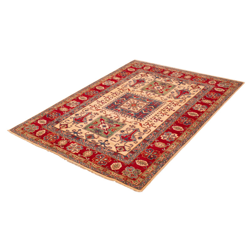 Tapis rouge / beige / bleu foncé noué à la main de conception unique 6 pi 8 po x 9 pi 4 po Alyssarae