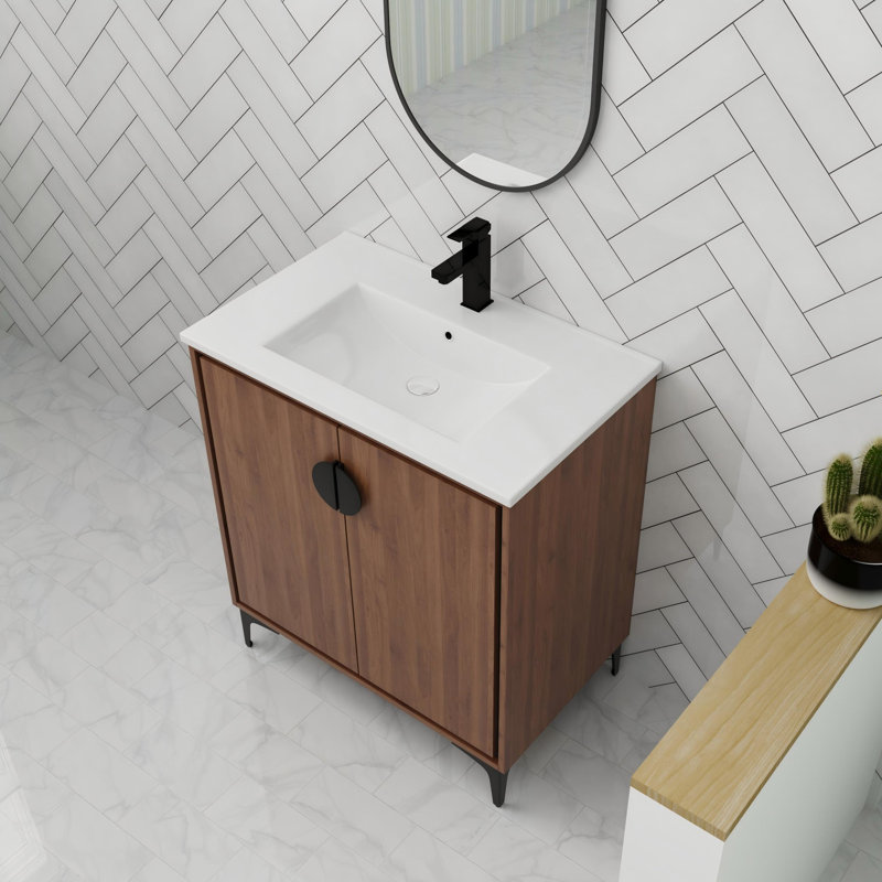 Bathroom Vanity With Ceramic Sink In 30 Inch, Freestanding Bathroom Vanity With Soft Close Door, 30"
