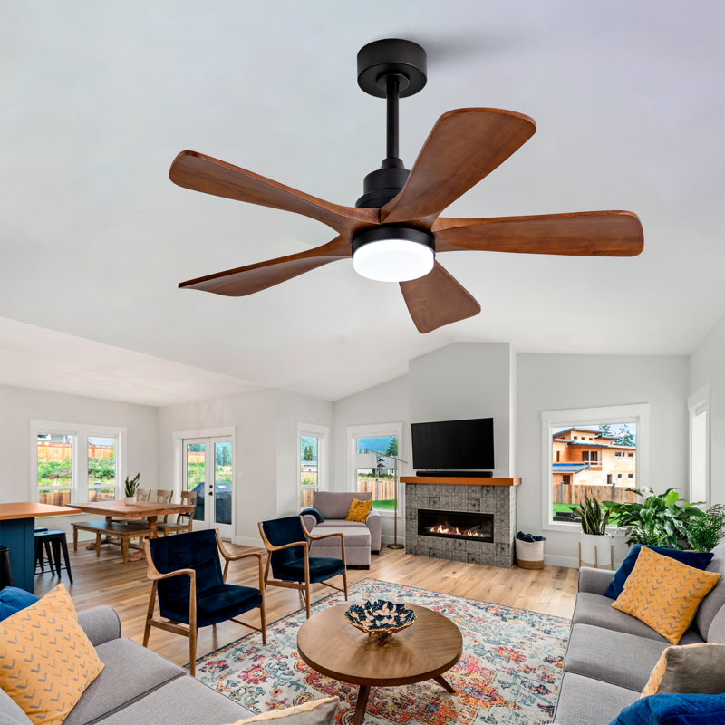 42" 5- Blade Ceiling Fan With Remote Control And Led Light, Black, Espresso Wood
