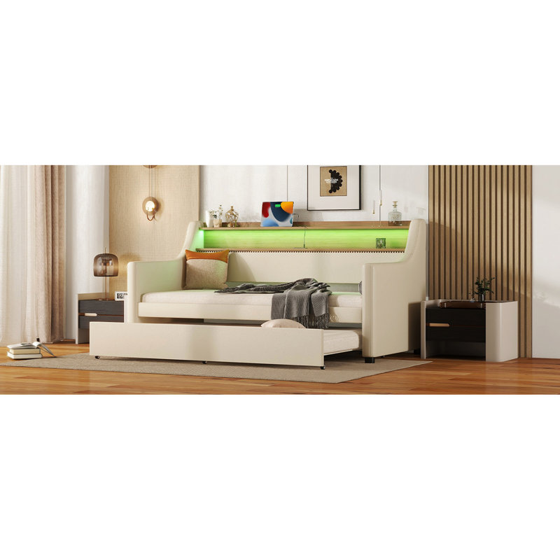 Lit de jour simple avec couchette en beige doux - Station de charge, lumières à DEL et taille de support de tête de lit