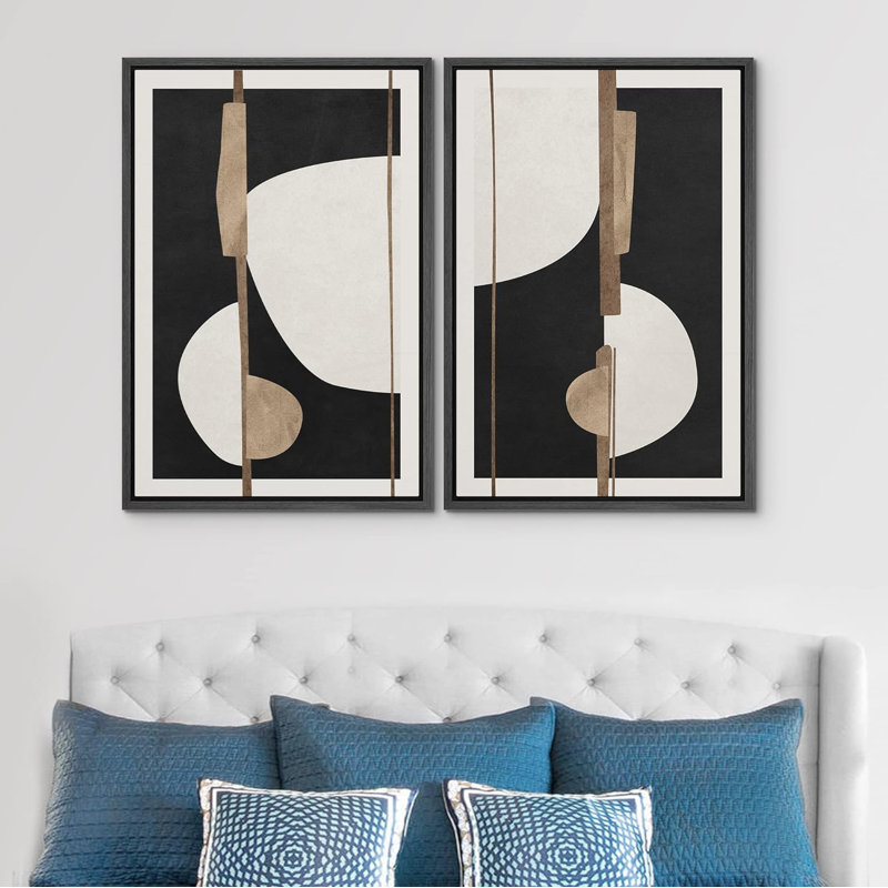 «Black & White Leaf Silhouette And Lines», 2 pièces sur toile, Cadre noir, H 24 po x l 36 po