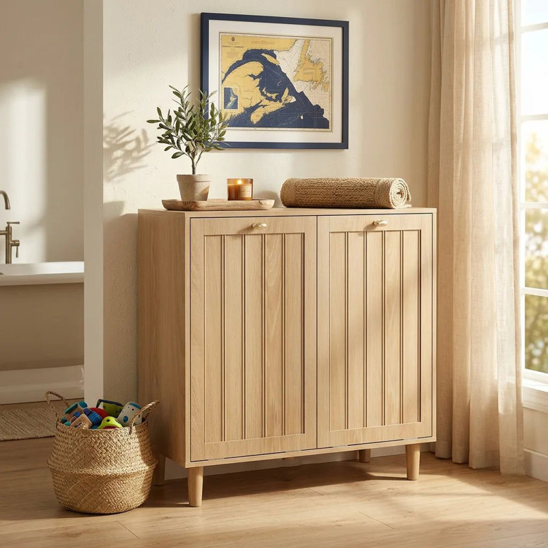Meuble de rangement pour linge basculant avec 2 paniers à linge amovibles en tissu, en MDF chêne clair, idéal pour la buanderie, la salle de bain, le balcon ou le vestibule.