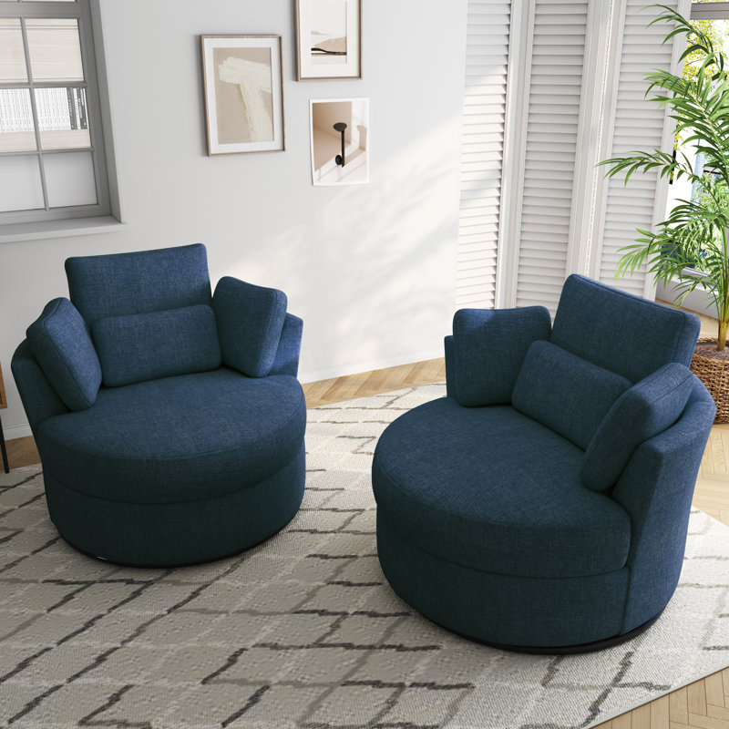 Upholstered Swivel Lounge Armchair With Pillow(Set of 2), Navy Polyester Blend