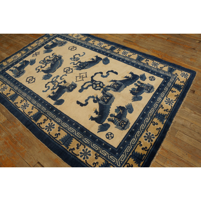 Antique Blue and Ivory Chinese Ningxia Small Foo Dog Rug