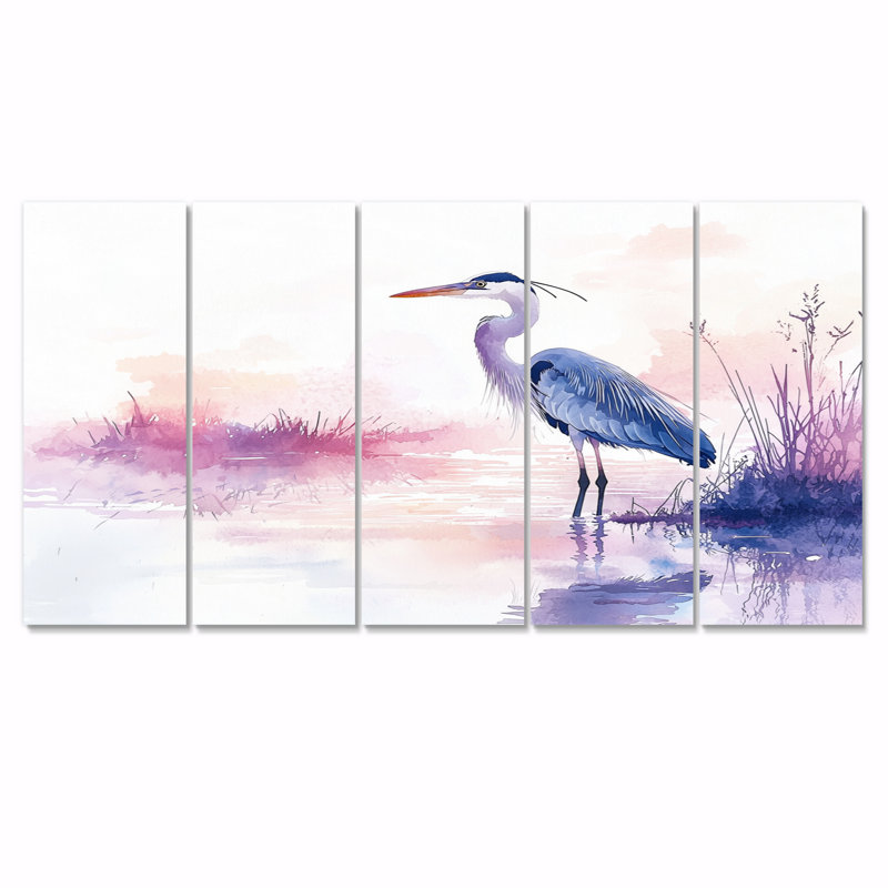 «Blue Heron At Dusk II», art mural héron, ensemble de décorations murales modernes, H 28 po x l 60 po, 5