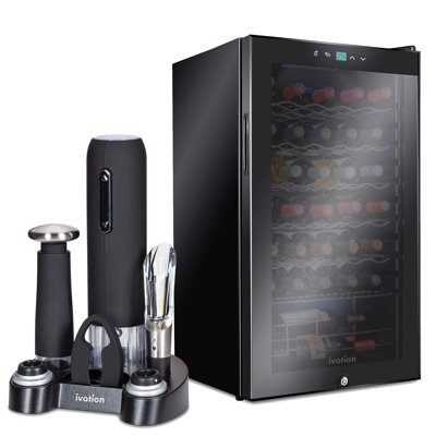 Ivation 18.7'' 34 Bottle Single Zone Freestanding Wine Refrigerator with 5-piece wine gift set | Fridge.com