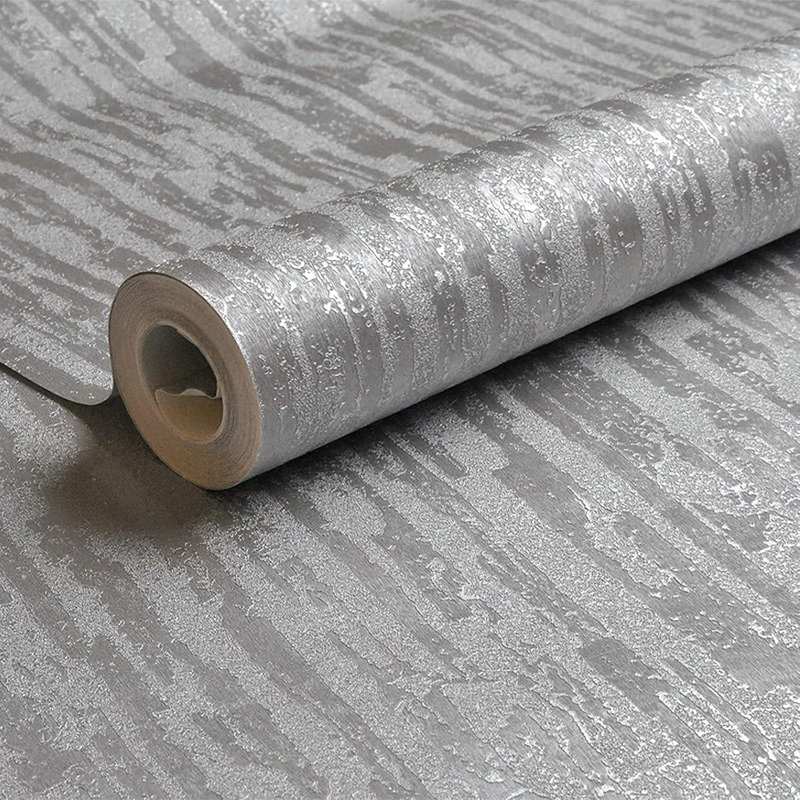 Papier peint 20,8 po x 354 po en vinyle texturé argenté - formes et rayures chatoyantes lavables, revêtement mural sans colle