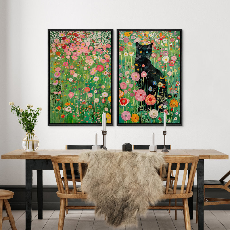 Gustav Klimt, chat noir dans un champ de fleurs sauvages, art moderne boho moderne, Noir, H 36 po x l 24 po