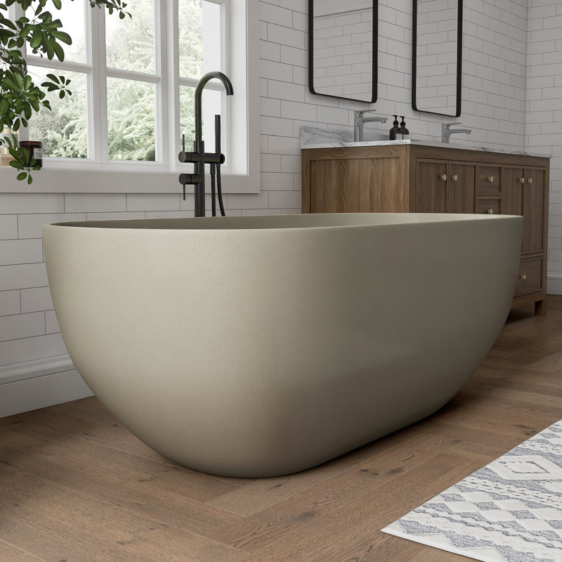 63'' x 31'' Concrete Freestanding Solid Surface Outdoor Soaking Stone Bathtub Terrazzo, Rock Gray