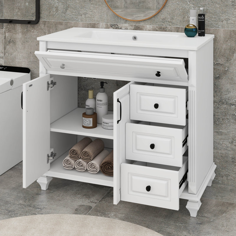 Meuble-lavabo 36 po avec lavabo, meubles-lavabos, tiroir rabattable, 3 tiroirs et 2 portes, Blanc