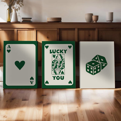 3PCS Wall Arts Posters Framed, Poker Themed Canvas Wall Art Set of 3 - Ace of Hearts, Lucky You Card, Dice Prints for Modern Living Room, Game Room, Man Cave Decor - Stylish Green and Beige Wall Decorations for Home Bar or Office