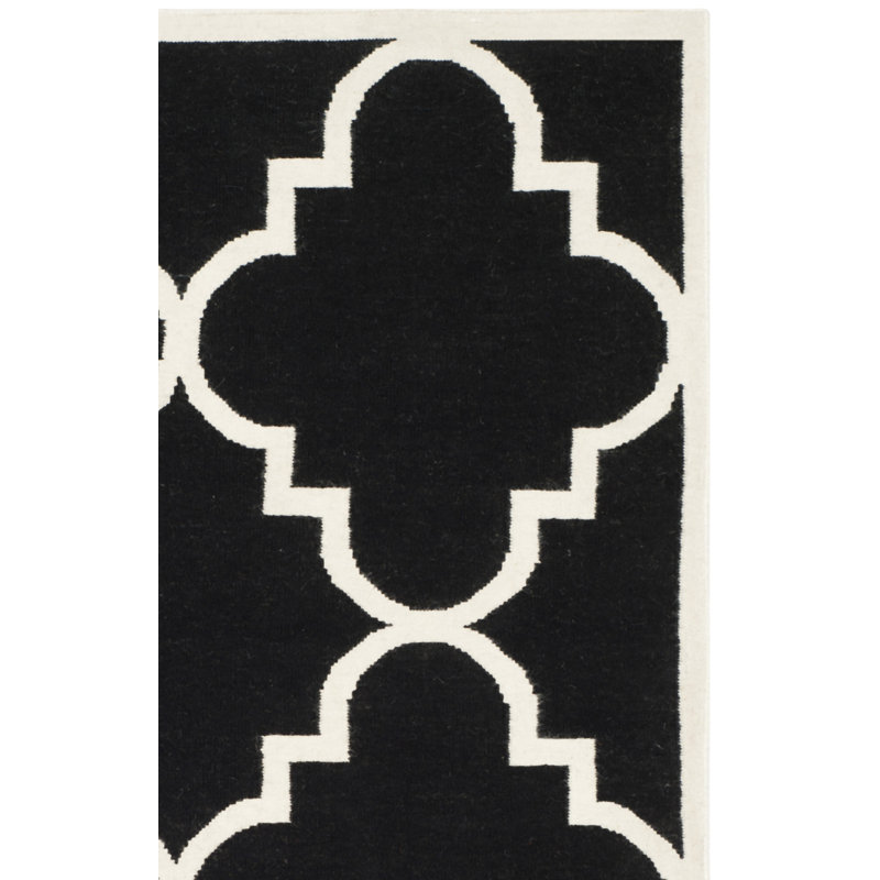 Rodgers Hand Woven Flat Weave Wool/Cotton Geometric Rug in Ivory/Black, Runner 2'6" x 6'
