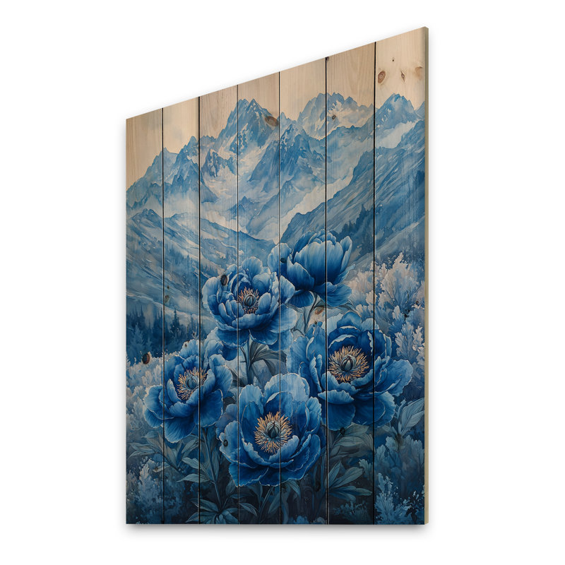 Pivoines bleues sur des sommets III - Art mural en bois pivoines - sur bois de pin naturel, H 20 po x l 10 po x P 0,78 po