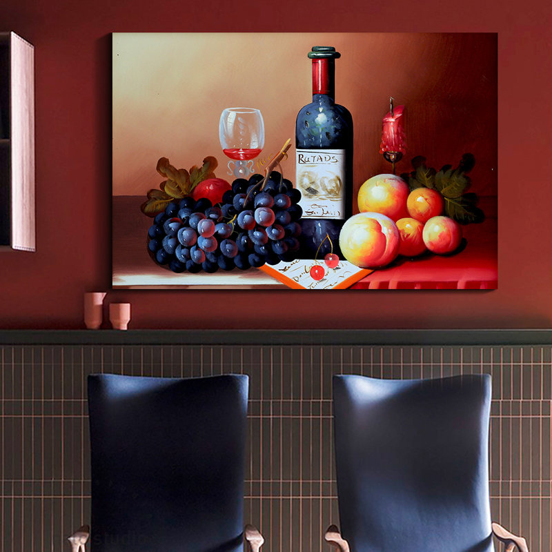Nature morte vin et fruits sur toile, H 24 po x l 36 po x P 1,5 po