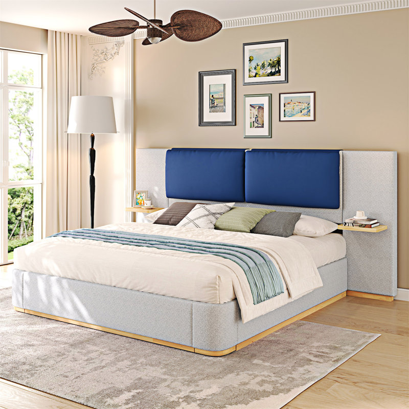 Upholstered Platm Bed With Panel, Gray/Blue, Queen