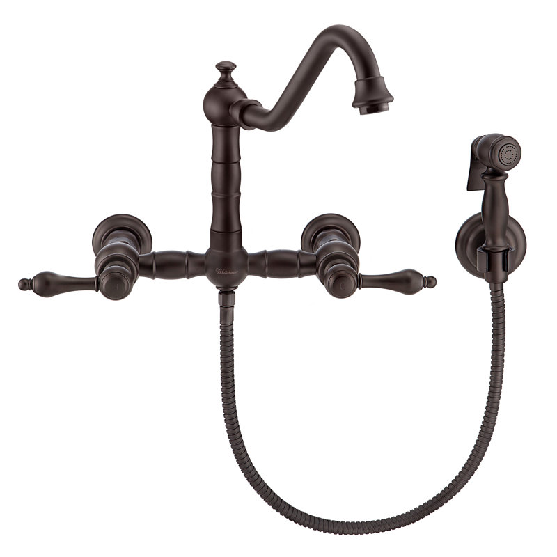 Whitehaus Wall Mount Faucet with Long Traditional Swivel Spout and Solid Brass Side Spray, Oil Rubbed Bronze, Cross