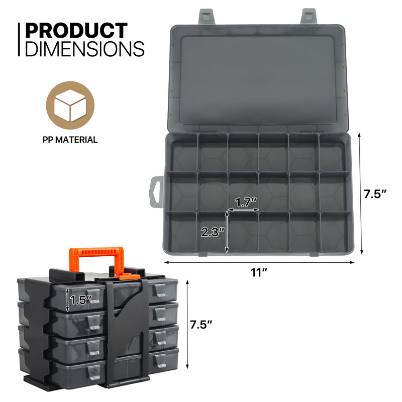 4Pcs 18 Grids Plastic Compartment Box Organizer Storage Container With Adjustable Divider & Bracket