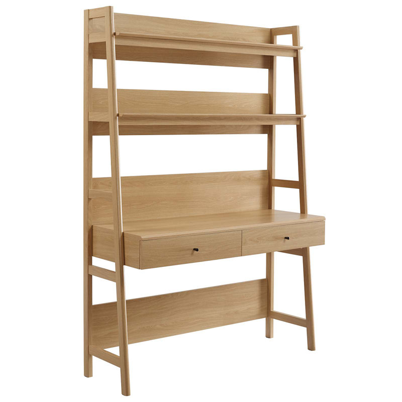 Bixby Walnut Wood Office Desk with Bookshelf and Drawers